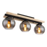 Plafonieră metal negru mat, lemn natural, sticlă fumurie, L x l x I: 600x150x205mm, fără becuri 3xE27 25W 230V