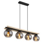 Corp de iluminat suspendat metal negru mat, lemn natural, sticlă fumurie, cablu PVC negru, reglaj înălțime, L x l x I: 850x150x1200mm, fără becuri 4xE27 25W 230V
