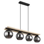 Corp de iluminat suspendat metal negru mat, lemn natural, sticlă fumurie, cablu PVC negru, reglaj înălțime, L x l x I: 850x150x1200mm, fără becuri 4xE27 25W 230V - imagine 3