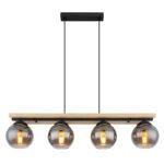 Corp de iluminat suspendat metal negru mat, lemn natural, sticlă fumurie, cablu PVC negru, reglaj înălțime, L x l x I: 850x150x1200mm, fără becuri 4xE27 25W 230V - imagine 4