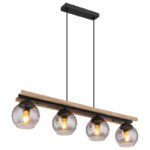 Lampă suspendată din metal negru mat, lemn maro închis, sticlă fumurie colorată, cablu PVC negru, înălțimea poate fi redusă, LxLxA: 850x150x1200mm, excl. 4x E27 25W 230V