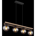 Lampă suspendată din metal negru mat, lemn maro închis, sticlă fumurie colorată, cablu PVC negru, înălțimea poate fi redusă, LxLxA: 850x150x1200mm, excl. 4x E27 25W 230V - imagine 3