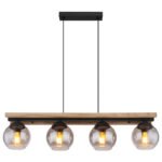 Lampă suspendată din metal negru mat, lemn maro închis, sticlă fumurie colorată, cablu PVC negru, înălțimea poate fi redusă, LxLxA: 850x150x1200mm, excl. 4x E27 25W 230V - imagine 5