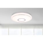 Plafoniera, metal alb, alb acrilic, crom, efect sclipitor, compatibil cu Google Assistant si telecomanda Alexa, schimbator de culoare, fixare culoare, ø400, V:80, LED 16W+RGB LED 3W 230V, sursa 1600lm, iesire 1100lm, schimbare culori 2700-6500K