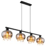 Lampă suspendată din metal negru mat, sticlă fumurie, cristale de sticlă transparente, cablu textil negru, înălțimea poate fi redusă (lampă suspendată), L x l x I: 1140x210x1200mm, fără 4x E27 LED 9W 230V