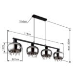 Lampă suspendată din metal negru mat, sticlă fumurie, cristale de sticlă transparente, cablu textil negru, înălțimea poate fi redusă (lampă suspendată), L x l x I: 1140x210x1200mm, fără 4x E27 LED 9W 230V - imagine 6