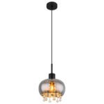 Lampă cu suspensie metal negru mat, sticlă fumurie, cristale de sticlă transparente, cablu textil negru, înălțimea poate fi scurtată (lampă cu suspensie), ø: 210mm, I: 1200mm, excl. 1x E27 LED 9W 230V
