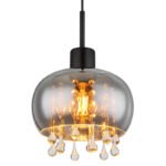 Lampă cu suspensie metal negru mat, sticlă fumurie, cristale de sticlă transparente, cablu textil negru, înălțimea poate fi scurtată (lampă cu suspensie), ø: 210mm, I: 1200mm, excl. 1x E27 LED 9W 230V - imagine 4
