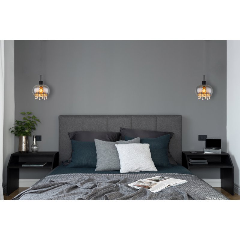 corry-15839h-g28130-5 Lampă cu suspensie metal negru mat, sticlă fumurie, cristale de sticlă transparente, cablu textil negru, înălțimea poate fi scurtată (lampă cu suspensie), ø: 210mm, I: 1200mm, excl. 1x E27 LED 9W 230V - imagine 1