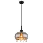 Lampă cu suspensie metal negru mat, sticlă fumurie, cristale de sticlă transparente, cablu textil negru, înălțimea poate fi scurtată (lampă cu suspensie), ø: 280mm, I: 1200mm, fără 1x E27 LED 9W 230V