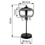 Lampă de masă metal negru mat, sticlă fumurie, cristale de sticlă transparente, cablu textil negru, întrerupător pe cablu, ø: 210mm, I: 450mm, lungime cablu 1500mm, fără 1x E27 LED 9W 230V - imagine 6