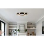 Plafonieră, metal negru mat, ABS negru mat, aluminiu cu efect de lemn închis, plastic opal, LxLxA: 580x300x70mm, diametru inel: 2 x 20,5 cm, 1 x 30 cm, incl. LED 40W 230V, sursă 4750lm, ieșire 1370lm, 3000K