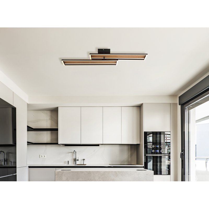 dakari-i-67358d-g29903-6 Plafonieră, metal negru mat, ABS negru mat, aluminiu cu efect de lemn închis, plastic opal, mobil, LxLxA: 900x210x100mm, incl. LED 30W 230V, sursă 3720lm, ieșire 1540lm, 3000K - imagine 1
