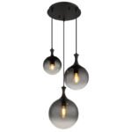 Lampă suspendată metal negru mat, globuri de sticlă de culoare fumurie, cablu PVC negru, ø: 390mm, H: 1415mm, dimensiuni sticlă: 1 x 15 cm, 20 cm, 25 cm fiecare, fără 3x E27 10W 230V