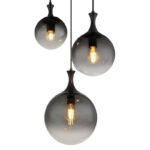 Lampă suspendată metal negru mat, globuri de sticlă de culoare fumurie, cablu PVC negru, ø: 390mm, H: 1415mm, dimensiuni sticlă: 1 x 15 cm, 20 cm, 25 cm fiecare, fără 3x E27 10W 230V - imagine 4