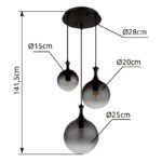 Lampă suspendată metal negru mat, globuri de sticlă de culoare fumurie, cablu PVC negru, ø: 390mm, H: 1415mm, dimensiuni sticlă: 1 x 15 cm, 20 cm, 25 cm fiecare, fără 3x E27 10W 230V - imagine 5