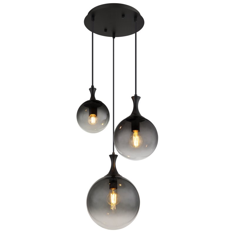 dalton-15885-3h-g28872 Lampă suspendată metal negru mat, globuri de sticlă de culoare fumurie, cablu PVC negru, ø: 390mm, H: 1415mm, dimensiuni sticlă: 1 x 15 cm, 20 cm, 25 cm fiecare, fără 3x E27 10W 230V - imagine 1