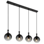 Lampă suspendată din metal negru mat, globuri de sticlă de culoare fumurie, cablu PVC negru, LxLxA: 900x150x1300mm, fără 4x E27 40W 230V