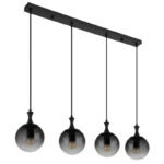 Lampă suspendată din metal negru mat, globuri de sticlă de culoare fumurie, cablu PVC negru, LxLxA: 900x150x1300mm, fără 4x E27 40W 230V - imagine 3
