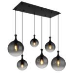 Lampă suspendată metal negru mat, globuri de sticlă de culoare fumurie, cablu PVC negru, LxLxA: 970x480x1410mm, dimensiuni sticlă: 2 x 15 cm, 20 cm, 25 cm fiecare, fără 6x E27 10W 230V