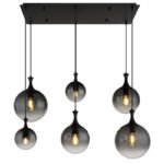 Lampă suspendată metal negru mat, globuri de sticlă de culoare fumurie, cablu PVC negru, LxLxA: 970x480x1410mm, dimensiuni sticlă: 2 x 15 cm, 20 cm, 25 cm fiecare, fără 6x E27 10W 230V - imagine 4