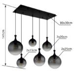 Lampă suspendată metal negru mat, globuri de sticlă de culoare fumurie, cablu PVC negru, LxLxA: 970x480x1410mm, dimensiuni sticlă: 2 x 15 cm, 20 cm, 25 cm fiecare, fără 6x E27 10W 230V - imagine 5