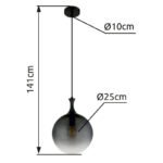Lampă suspendată metal negru mat, globuri de sticlă de culoare fumurie, cablu PVC negru, ø: 250mm, H: 1410mm, fără 1x E27 10W 230V - imagine 5