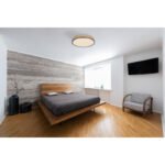 Plafoniera metal grafit, aspect lemn MDF închis, plastic alb, ø: 450mm, H: 85mm, inclusiv LED 24W 230V, sursă 3200lm, ieșire 1800lm, 3000K