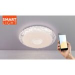 Plafoniera metal alb, acril alb strălucitor, cristale acrilice clare, reglabil, culorile pot fi fixate, SmartLight, aplicație, temporizator, telecomandă, baterie 2xAAA, ø:500, H:100, LED 40W 230V, 425-4250lm Sursa, 298-2980lm Ieșire, CCT 3000-6500K