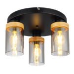 Plafoniera metal negru mat, lemn maro închis, sticlă fumurie, ø: 390mm, H: 210mm, excl. 3x E27 40W 230V