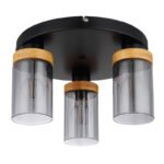 Plafoniera metal negru mat, lemn maro închis, sticlă fumurie, ø: 390mm, H: 210mm, excl. 3x E27 40W 230V - imagine 3