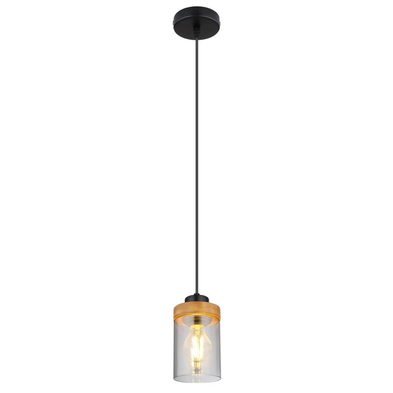 finca-15557h-g27362 Suspensie: metal negru mat, lemn maro închis, sticlă fumurie, ø: 100mm, H: 1500mm, excl. 1x E27 40W 230V - imagine 1