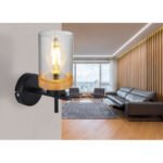 Aplică metal negru mat, lemn maro, sticlă fumurie, direcția luminii: în sus, LxA: 100x235mm, AL: 165mm, excl. 1x E27 40W 230V
