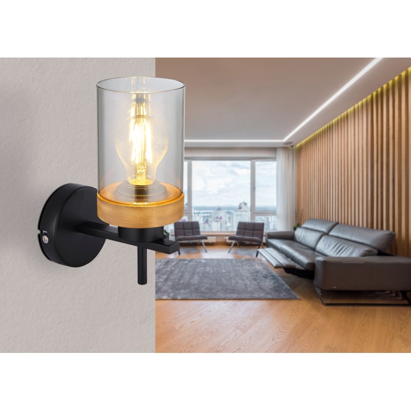 finca-15557w-g27364-4 Aplică metal negru mat, lemn maro, sticlă fumurie, direcția luminii: în sus, LxA: 100x235mm, AL: 165mm, excl. 1x E27 40W 230V - imagine 1