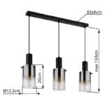 Lampă suspendată metal negru mat, sticlă de culoare fumurie, gradient transparent, cablu PVC negru, înălțimea poate fi redusă, LxLxA: 725x125x1500mm, fără 3x E27 40W 230V - imagine 6