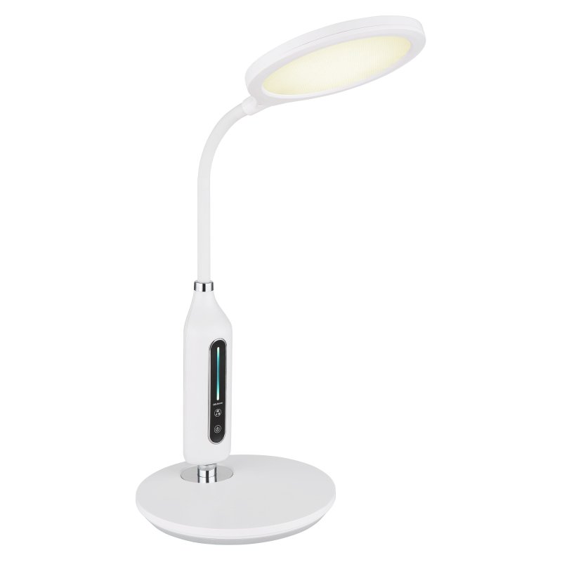 fruggy-58435w-g28273 Lampă de masă din plastic alb mat, crom, plastic satinat, touch on/off, reglabil, variator tactil continuu, variator cu senzor, memorie, adaptor inclus, flexo, L x l x I: 300x185x407mm, LED 9W 230V, sursă 22-800lm, ieșire 8-530lm, CCT 3000/4000/6500K - imagine 1