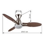 Ventilator de tavan, nichel metalic, plastic imitație lemn, mai multe viteze prin întrerupător de perete, memorie, temporizator, telecomandă, 25 m², 2 direcții de rotație, ø:1070mm,Î:350mm,LED 22W 230V,sursă 2570 lm,putere 1897 lm,CCT3000/4200/6000 K - imagine 6