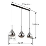 Lampă suspendată din metal negru mat, sticlă de culoare fumurie, cablu negru, înălțimea poate fi redusă, LxLxA: 900x200x1400mm, excl. 3x E27 60W 230V - imagine 6