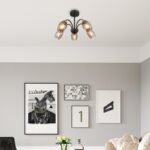 Plafonieră metal negru mat, sticlă fumurie colorată, metal lemn optic închis, ø: 470mm, I: 290mm, excl. 5x E14 25W 230V