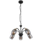 Lampă cu suspensie metal negru mat, sticlă fumurie, metal lemn optic închis, cablu PVC negru, ø: 470mm, I: 1200mm, excl. 5x E14 25W 230V - imagine 3