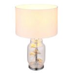 Lampă de masă din metal cromat, sticlă transparentă, textil alb, plastic alb, cablu PVC transparent, întrerupător pe cablu, ø: 250mm, H: 380mm, lungime cablu 1500mm, fără 1x E27 40W 230V