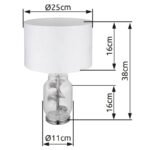Lampă de masă din metal cromat, sticlă transparentă, textil alb, plastic alb, cablu PVC transparent, întrerupător pe cablu, ø: 250mm, H: 380mm, lungime cablu 1500mm, fără 1x E27 40W 230V - imagine 6