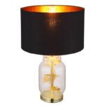 Lampă de masă din metal de culoare alamă, sticlă transparentă, material textil negru, plastic auriu, cablu negru din PVC, întrerupător pe cablu, ø: 250mm, H: 380mm, lungime cablu 1500mm, fără 1x E27 40W 230V