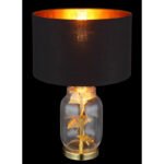 Lampă de masă din metal de culoare alamă, sticlă transparentă, material textil negru, plastic auriu, cablu negru din PVC, întrerupător pe cablu, ø: 250mm, H: 380mm, lungime cablu 1500mm, fără 1x E27 40W 230V - imagine 3