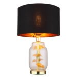 Lampă de masă din metal de culoare alamă, sticlă transparentă, material textil negru, plastic auriu, cablu negru din PVC, întrerupător pe cablu, ø: 250mm, H: 380mm, lungime cablu 1500mm, fără 1x E27 40W 230V - imagine 5