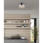 Plafonieră metal negru mat, sticlă fumurie, ø: 280mm, I: 205mm, fără bec 1x E27 40W 230V