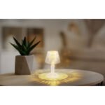 Lampă de masă din plastic transparent, plastic alb, întrerupător glisant, baterie inclusă 3x LR1130 160mAh, ø: 67mm, H: 120mm, 12 x 2 seturi în afișajul de masă, număr de seturi 2 buc., incl. LED 0.06W 4.5V, 2800K