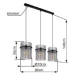 Lampă cu suspensie metal negru mat, tije de sticlă de culoare fumurie, cablu PVC negru, L x l x I: 800x200x1400mm, fără 3x E27 60W 230V - imagine 6