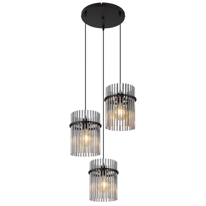 gorley-15698-3hr-g28368 Suspensie metal negru mat, tije de sticlă de culoare fumurie, cablu PVC negru, ø: 470mm, I: 1400mm, excl. 3x E27 60W 230V - imagine 1
