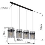 Lampă cu suspensie metal negru mat, tije de sticlă de culoare fumurie, cablu PVC negru, înălțimea poate fi scurtată (lampă cu suspensie), L x l x I: 1100x200x1400mm, fără 4x E27 60W 230V - imagine 6